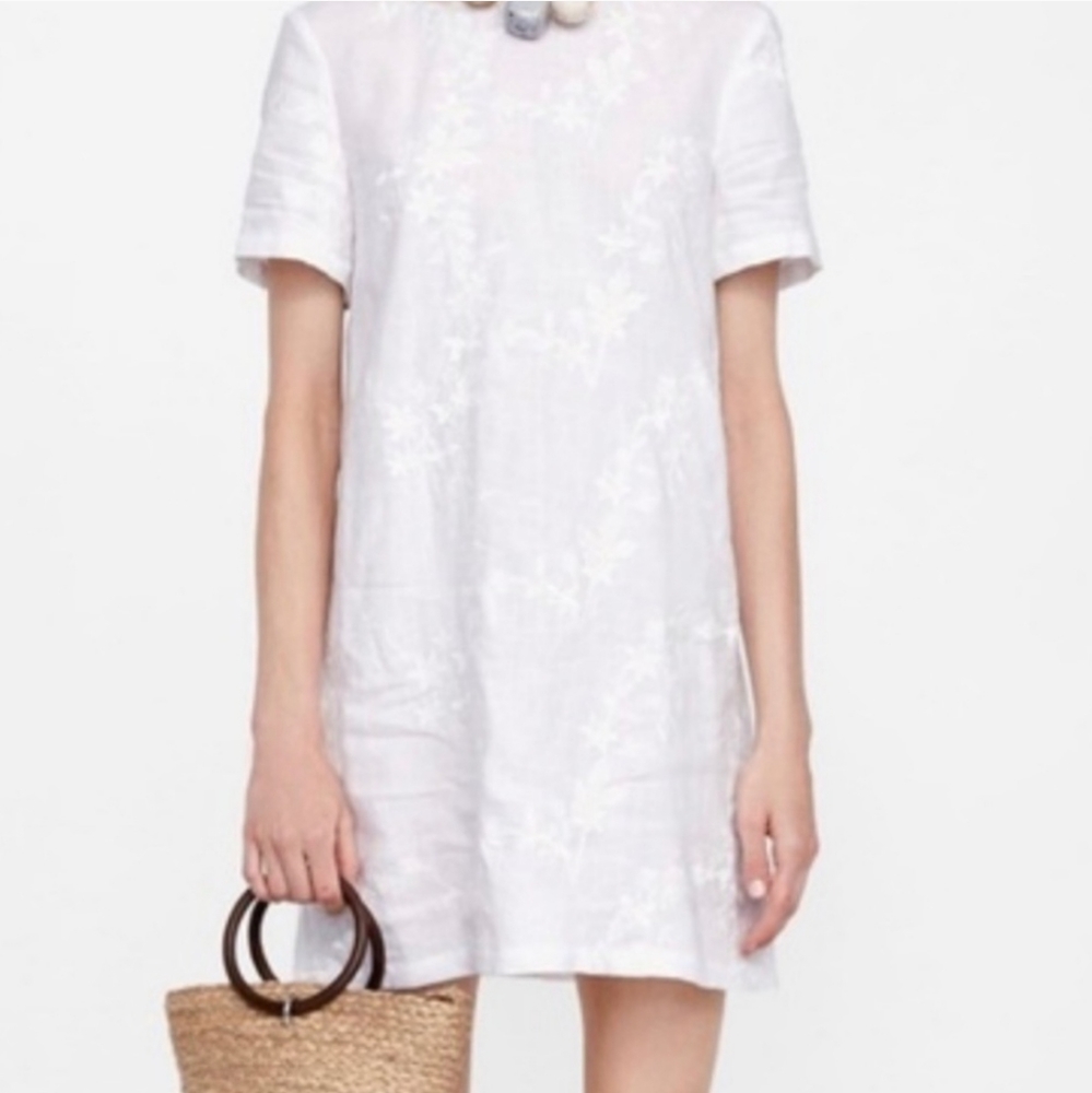 NWT Zara Woman white linen embroidered short sleeve tunic dress medium